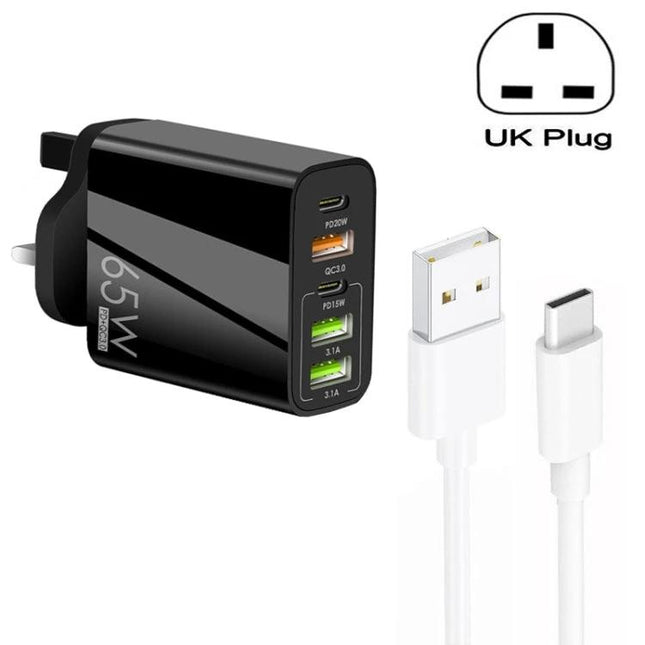 Practical Multi-Port Charger for Everyday Device Powering – 65W UK plug with five ports USB-C and USB-A charging multiple phones and tablets