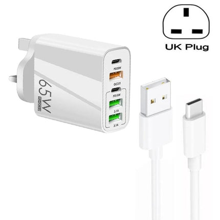 Practical Multi-Port Charger for Everyday Device Powering - 65W UK plug with five ports (USB-C PD and USB-A) and included USB-C to USB-A cable
