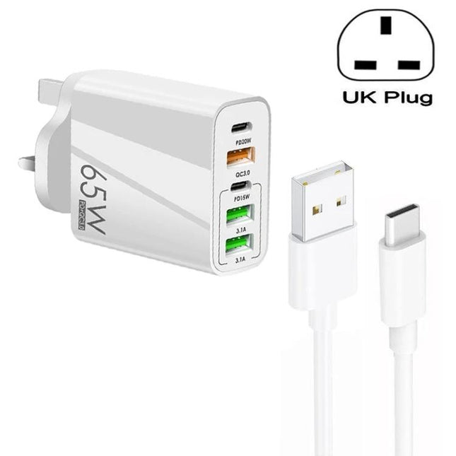 Practical Multi-Port Charger for Everyday Device Powering - 65W UK plug with five ports (USB-C PD and USB-A) and included USB-C to USB-A cable