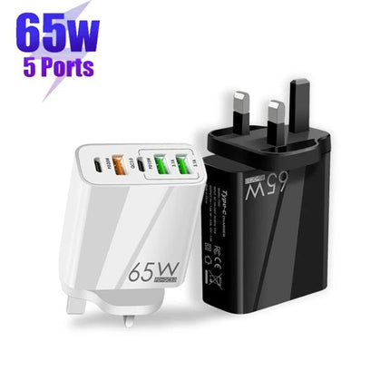 Practical Multi-Port Charger for Everyday Device Powering - 65W 5-port USB charger for phone tablet and gadgets