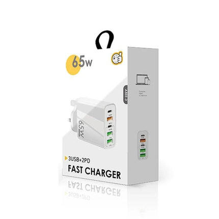 Practical Multi-Port Charger for Everyday Device Powering – white 65W fast 5‑port charger (3 USB + 2 PD) for phone, tablet, travel and desk charging