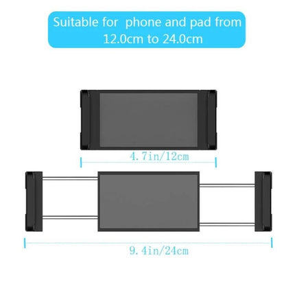 Universal Car Back Seat Tablet Mount For 4.7-9.4in Tablets – black ABS adjustable headrest holder showing 4.7in to 9.4in (12–24cm) fit