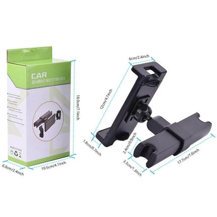 Universal Car Back Seat Tablet Mount For 4.7-9.4in Tablets black ABS headrest mount shown with packaging and dimensions