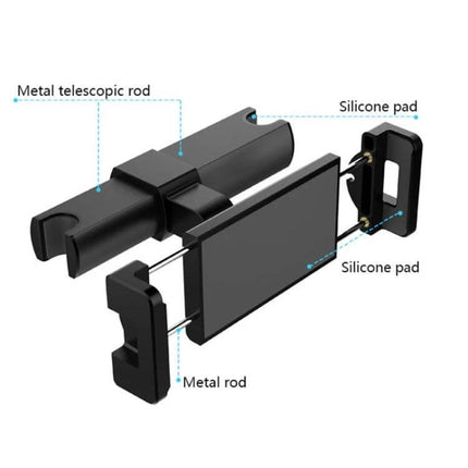 Universal Car Back Seat Tablet Mount For 4.7-9.4in Tablets - black ABS headrest tablet holder with silicone pads and metal telescopic rod