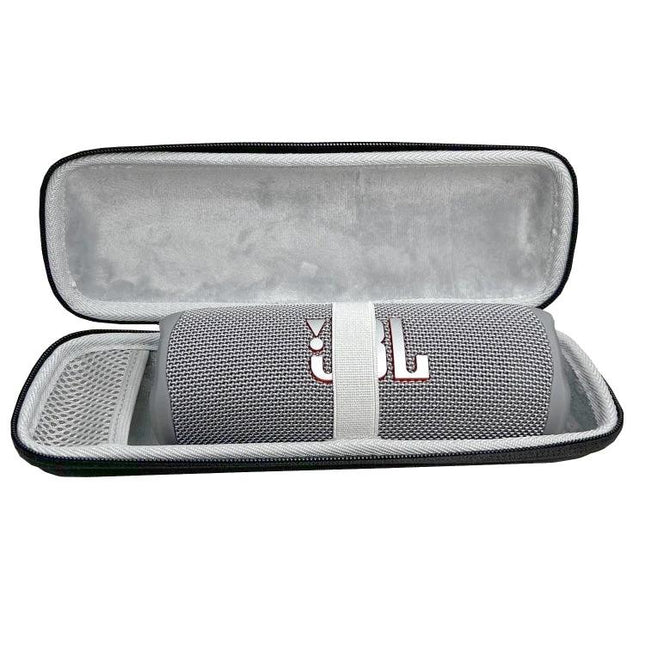 Compact Water Resistant Travel Case For Portable Bluetooth Speakers with JBL Flip secured inside, mesh pocket for cables