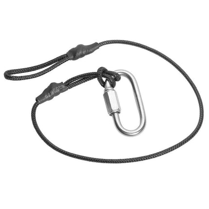 Camera Safety Rope with Hook for Secure Camera Attachment showing black rope, loop ends and metal screw-lock carabiner for DSLR and mirrorless cameras