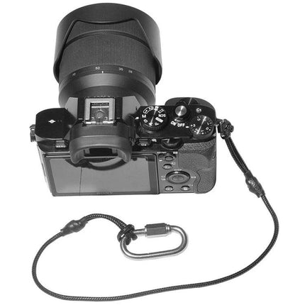 Camera Safety Rope with Hook for Secure Camera Attachment shown connected to mirrorless camera as backup tether