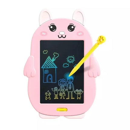 Colorful Cartoon Rabbit LCD Drawing Board for Kids' Creativity - pink rabbit-shaped LCD doodle tablet with yellow stylus, family drawing on screen