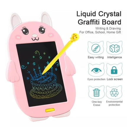 Colorful Cartoon Rabbit LCD Drawing Board for Kids' Creativity pink rabbit-shaped LCD doodle toy with yellow stylus showing cake drawing