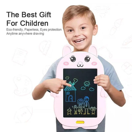 Colorful Cartoon Rabbit LCD Drawing Board for Kids' Creativity - smiling child holding pink rabbit LCD drawing tablet showing family doodle, mess-free travel art