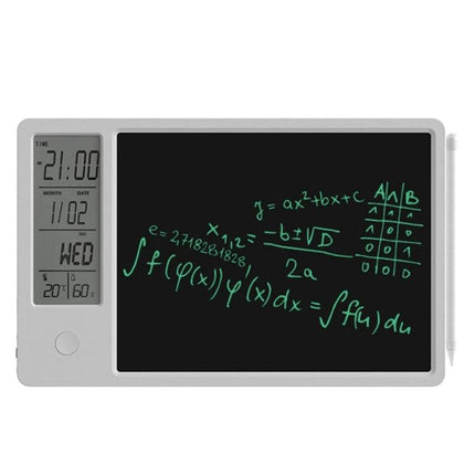10-Inch Electronic Writing Board for Calendar and Daily Notes showing digital time, date, weather and handwritten math notes on reusable LCD