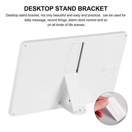 10-Inch Electronic Writing Board for Calendar and Daily Notes on white desktop stand bracket showing rear view and foldable kickstand