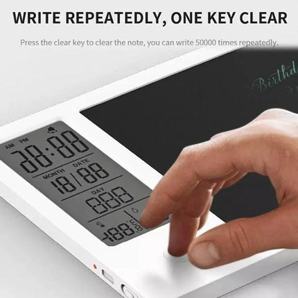 10-Inch Electronic Writing Board for Calendar and Daily Notes showing LCD display with date, time, weather icons and a finger pressing the one-key clear button