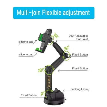 Truck Phone Mount With Long Arm For Dash And Windshield Use showing multi-joint long-arm mount with 110mm suction base and 360° adjustments