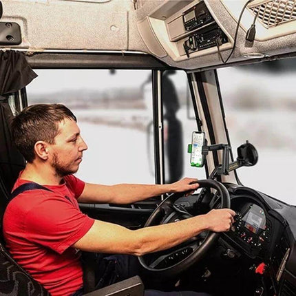 Truck Phone Mount With Long Arm For Dash And Windshield Use showing truck driver using long-arm suction cup phone holder on dashboard for GPS and hands-free calls