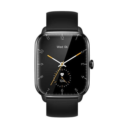 KT65 Smart Watch for Monitoring Health in Daily Life showing black square face, heart rate 104 and sleek black band for everyday health tracking