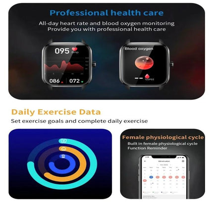 KT65 Smart Watch for Monitoring Health in Daily Life showing heart rate, blood oxygen, exercise rings and female cycle app features