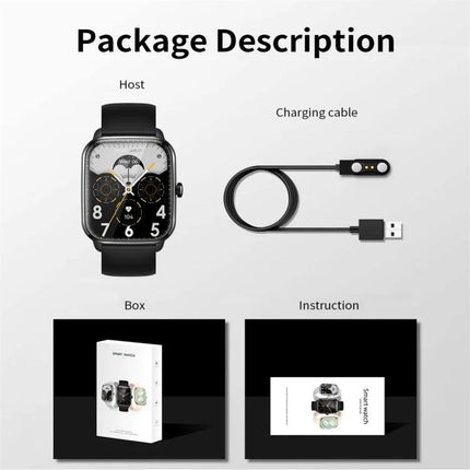 KT65 Smart Watch for Monitoring Health in Daily Life - product layout showing watch, charging cable, box and instruction manual
