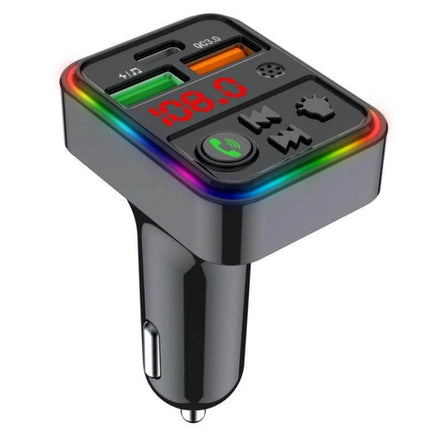 Car Phone Charger With Bluetooth FM Transmitter For Smartphones compact dual-USB car adapter with LED display and rainbow accent