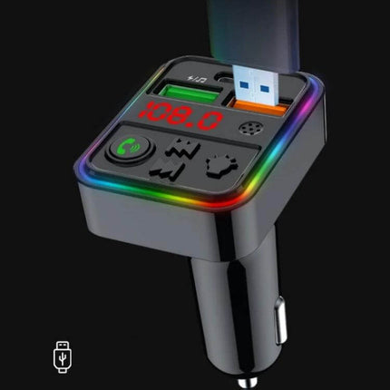 Car Phone Charger With Bluetooth FM Transmitter For Smartphones compact dual USB car adapter with LED display and rainbow accent for hands-free calls and music