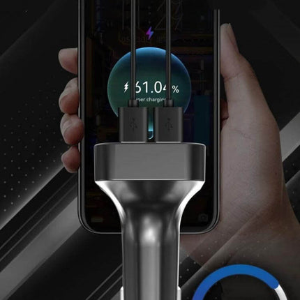 Car Phone Charger With Bluetooth FM Transmitter For Smartphones plugged into phone showing fast dual USB charging and hands-free audio