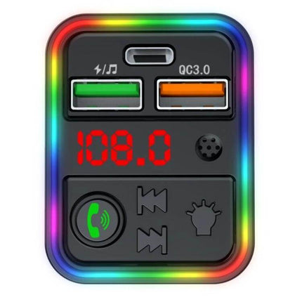 Car Phone Charger With Bluetooth FM Transmitter For Smartphones — compact dual USB QC3.0 charger with LED frequency display and rainbow LED frame