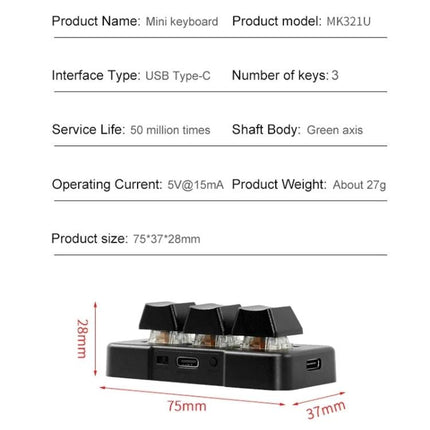 MK321BT Custom 3-Key Programmable Keypad for Gaming and Office Use compact 3-key USB Type-C keypad showing dimensions and green axis switches