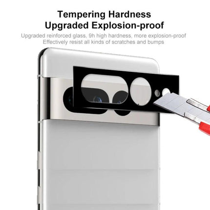 ENKAY Camera Lens Protector for Google Pixel 7 Pro showing tempered glass cutout aligned over rear camera with blade demonstrating scratch resistance