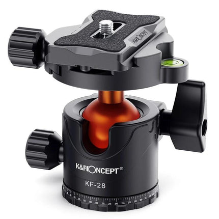 K&F Concept Metal Tripod Ball Head for Panoramic Photography showing compact metal ball head with quick release plate, bubble level and panoramic base