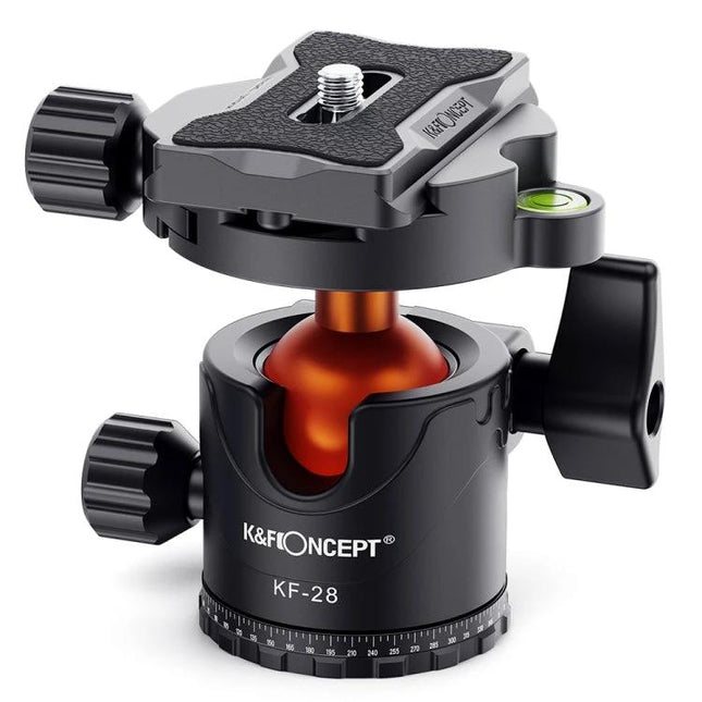 K&F Concept Metal Tripod Ball Head for Panoramic Photography showing compact metal ball head with quick release plate, bubble level and panoramic base