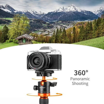 K&F Concept Metal Tripod Ball Head for Panoramic Photography mounted on tripod demonstrating 360° panoramic shooting in landscape scene