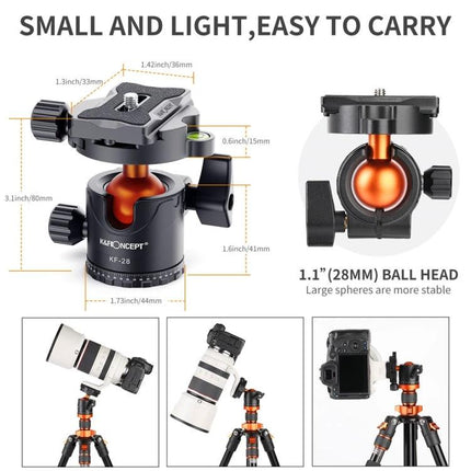 K&F Concept Metal Tripod Ball Head for Panoramic Photography showing compact 28mm orange ball head on tripod with quick-release plate and angle diagrams