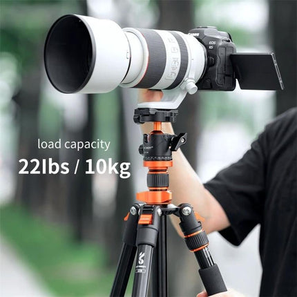 K&F Concept Metal Tripod Ball Head for Panoramic Photography mounted on tripod supporting heavy telephoto lens, 22lbs/10kg load capacity