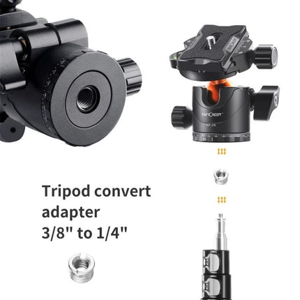 K&F Concept Metal Tripod Ball Head for Panoramic Photography showing metal ball head, quick release plate and 3/8" to 1/4" tripod convert adapter
