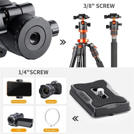 K&F Concept Metal Tripod Ball Head for Panoramic Photography showing 3/8" and 1/4" screw adapters and quick release plate