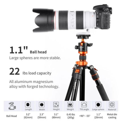 K&F Concept Metal Tripod Ball Head for Panoramic Photography metal ball head mounted on tripod with camera, 22 lbs load, 1.1" large sphere