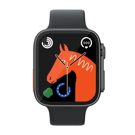 A Versatile Smart Watch for Daily Health and Activity Tracking - black smartwatch with orange horse watch face showing heart and step icons
