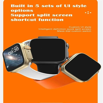 A Versatile Smart Watch for Daily Health and Activity Tracking - three sleek smartwatch models in gold, black and orange on an orange background
