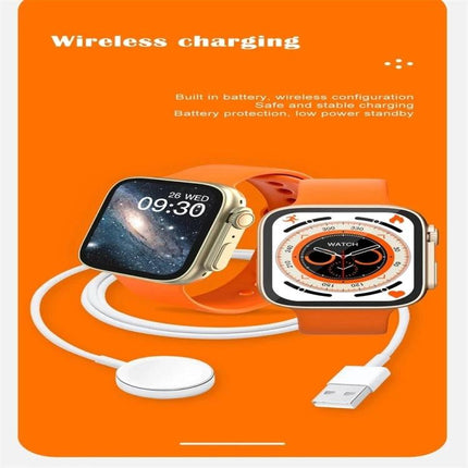 A Versatile Smart Watch for Daily Health and Activity Tracking - orange smartwatch with wireless charger, heart rate and step tracking display