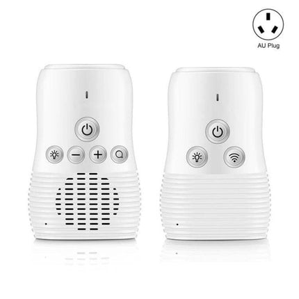 Wireless Baby Monitor with Two-Way Audio and Sound Alerts showing two white nursery units with power and sound buttons