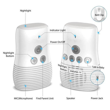 Wireless Baby Monitor with Two-Way Audio and Sound Alerts – white nursery parent and baby units showing power, nightlight, volume, talk-to-baby buttons, speaker, microphone, and belt clip