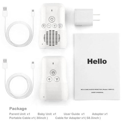 Wireless Baby Monitor with Two-Way Audio and Sound Alerts white parent and baby units with USB cables charger and user guide