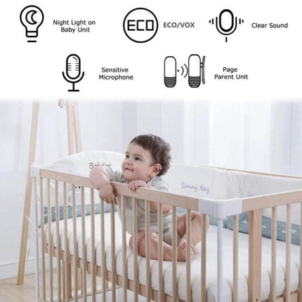 Wireless Baby Monitor with Two-Way Audio and Sound Alerts showing nursery scene with baby in crib and feature icons
