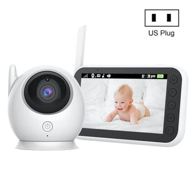 Wireless Baby Monitor with 360-Degree Night Vision showing camera and handheld receiver displaying baby on screen