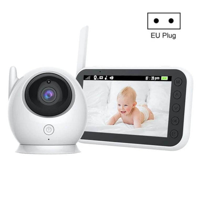 Wireless Baby Monitor with 360-Degree Night Vision - white camera and handheld receiver showing baby on screen for nursery monitoring