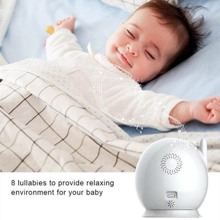 Wireless Baby Monitor with 360-Degree Night Vision showing sleeping baby, monitor speaker and lullabies for nighttime nursery safety