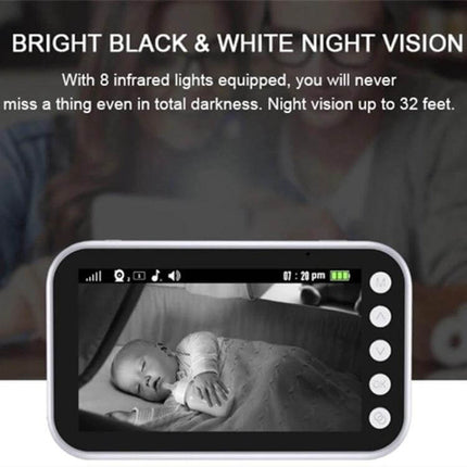 Wireless Baby Monitor with 360-Degree Night Vision showing black-and-white night view of sleeping baby on receiver screen