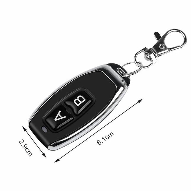 Compact Wireless RF Remote Control Switch for Home Devices keyfob with two buttons A and B, 6.1cm x 2.9cm compact design, 12V compatible