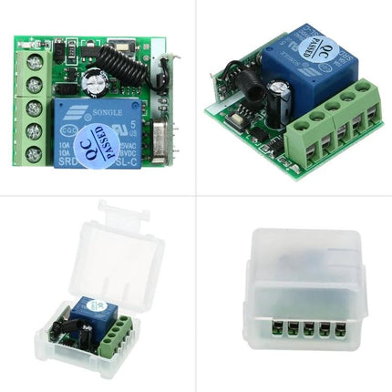 Compact Wireless RF Remote Control Switch for Home Devices shown as small 12V relay board with terminal block and plastic enclosure