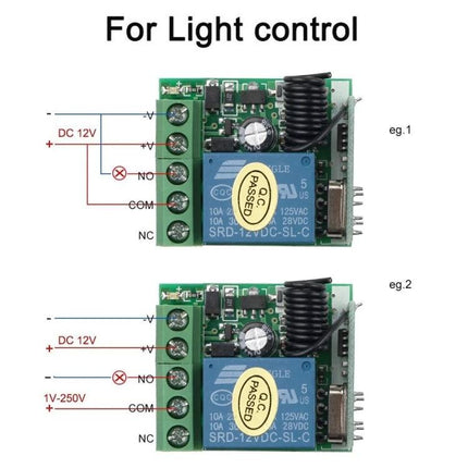 Compact Wireless RF Remote Control Switch for Home Devices board showing DC12V wiring and relay terminals for light control